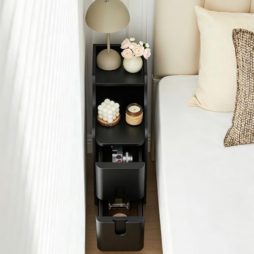 Black Narrow Nightstand, Wood 2 Drawer Small Nightstand, Slim Side Table, Modern Skinny End Bedside Table, Wood Night Stand with Drawers for Bedroom (Black-1 pc)