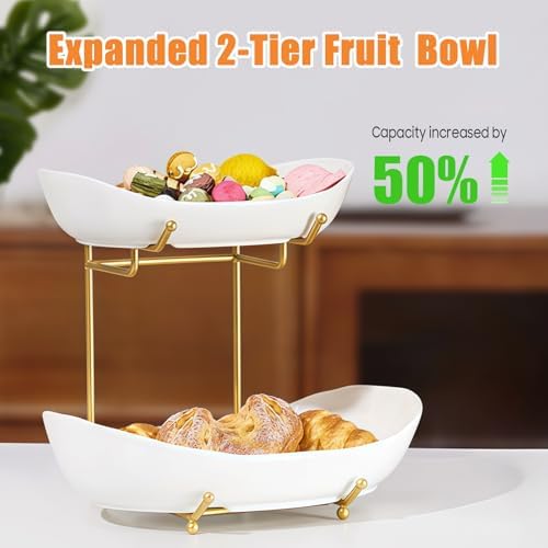 2 Tier Fruit Bowl, Ceramic Fruit Basket for Kitchen Counter 2