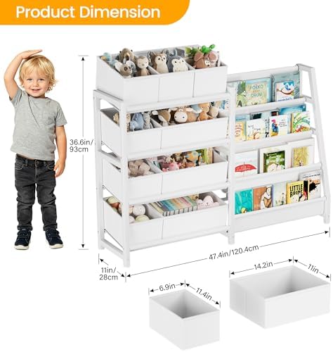 Toy Storage and Kids Bookshelf, toy organizer with 9 Bins+ 4 Tier Bookshelf
