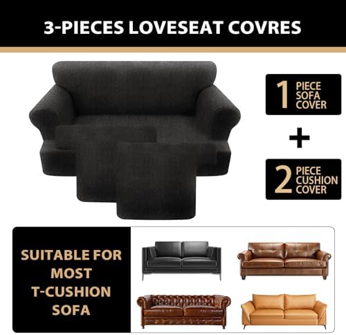 Sofa Covers 3 Piece T Cushion Sofa Slipcovers, Stretch Couch Cover with 2 Individual T Cushion Covers, Machine Washable Furniture Protector for Living Room(Black, 2 Cushions)
