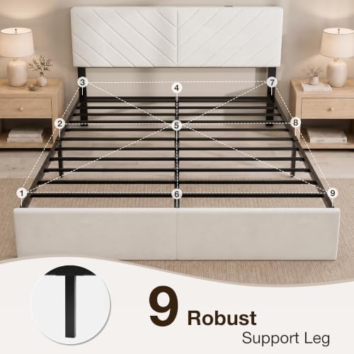 Queen Bed Frame with Adjustable Headboard, White Velvet Upholstered