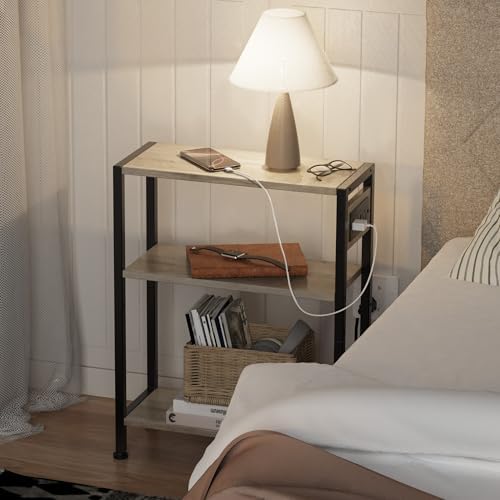 End Table with Charging Station, 3-Tier Side Table for Small Space, Skinny Nightstand with USB/Type C Port and 2 Outlets, Slim Sofa Beside Table for Living Room, Bedroom and Balcony, Greige