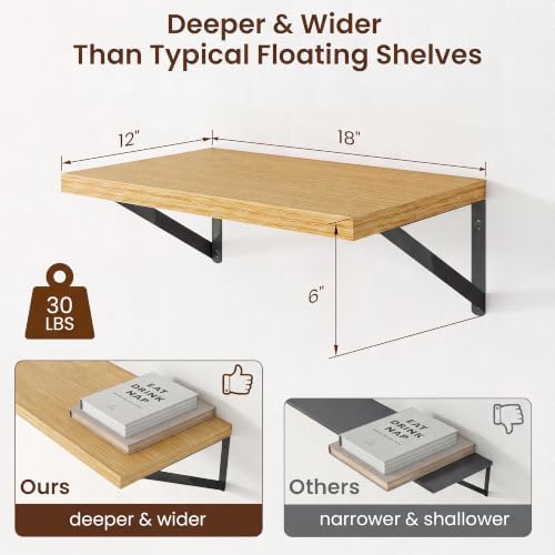 Axeman Deep Floating Shelves, 18'' x 12'' Oak Wall Shelves Set of 2