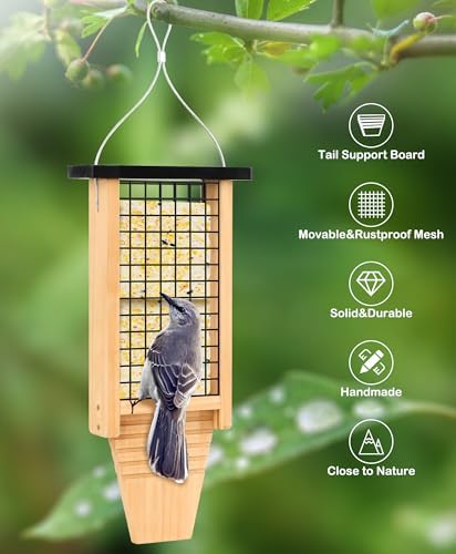 Gbekery Wooden Double Suet Feeder with Tail Prop for Outside, Black Roof