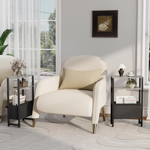 Narrow Side Table, Slim End Table with Magazine Rack, Skinny Bedside Table for Small Spaces, 3 Tier Sofa Couch Table Nightstand for Living Room, Bedroom,Oak Grey LET503Q