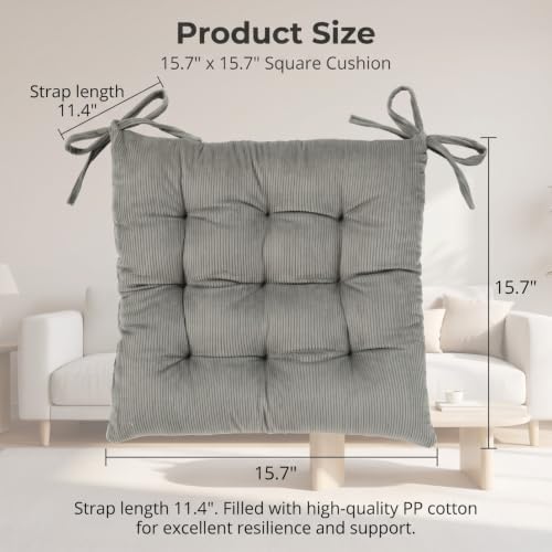 HLOVME Corduroy Chair Cushion with Ties Ultra Soft Warm Floor Cushion for Kids Reading Nook Comfortable Square Seat Cushion for Adult 15.7”x15.7”, Grey