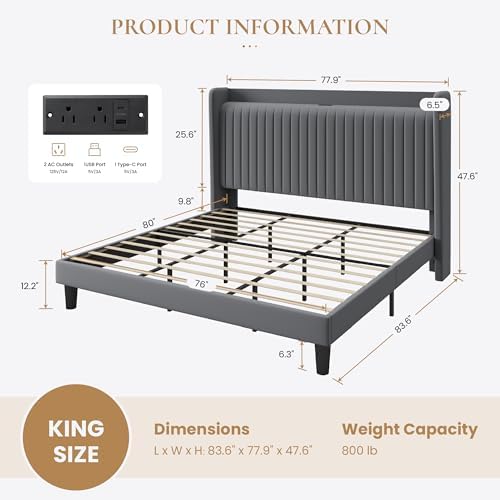 SHA CERLIN King Size Velvet Bed Frame with Shelf, Charging Station, Grey