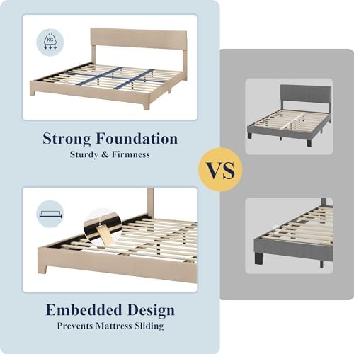 Allewie King Size Upholstered Bed Frame Adjustable Headboard, Beige