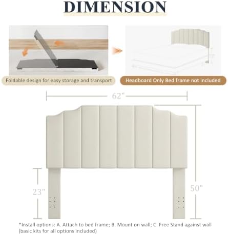 Befurtori Queen Size Headboard Only, Velvet Wall Mount Headboard, Cream