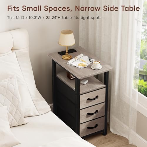Vagusicc Nightstand with Charging Station and LED Lights, Narrow End Table, LED Night Stand with 3 Fabric Drawers for Bedroom, Small Side Table for Small Spaces, Greige