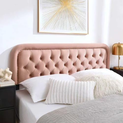 Tufted Upholstered Queen Headboard - Button Solid Wood HeadBoards with Adjustable Height - Modern Velvet Padded Bed Head Boards - Easy Assembly - Nailhead (Pink)