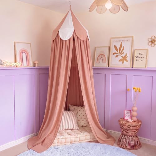 Bed Canopy with Scalloped Edge, 2 Panel Striped, Pink