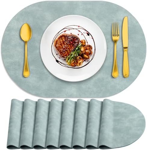 ADRIMER Oval Placemats Set of 8, Wipeable Faux Leather, Light Blue
