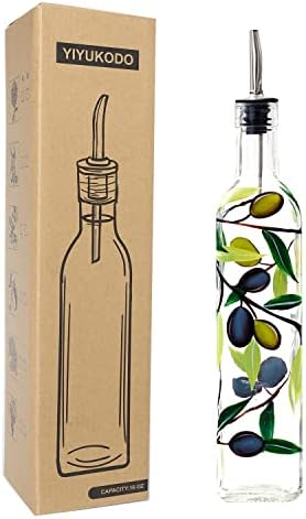 17oz Hand Painted Glass Olive Oil Bottle Dispenser- 500ml Green Oil & Vinegar Cruet with Pourers - Olive Oil Carafe Decanter for Kitchen (olive1)