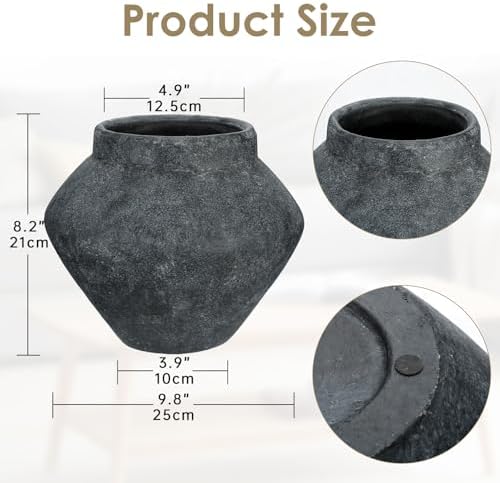 Briful Large Rustic Ceramic Vase with Distressed Finish, 8.2'' Tall Wide-Belly Decorative Flower Vases with Felt Pads, Retro Style Pottery for Home Decor, Table Centerpiece, Black