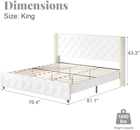 HOMBCK King Bed Frame with Leather Headboard, Goldside Wingback, White