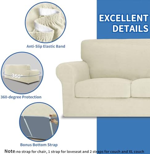 MAXIJIN 3 Piece Couch Covers for 2 Cushion Couch loveseat Cover, Stretch Love Seat Sofa Slipcovers for Dogs Pet, Thick Furniture Protector with 2 Seat Cushion (55"-69", Beige)