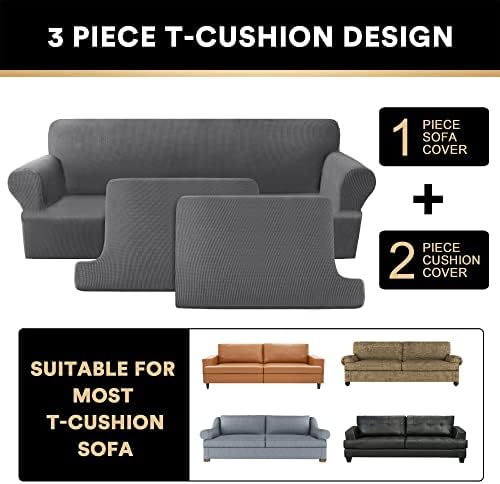 PrinceDeco T Cushion Sofa Slipcover 3 Pieces Sofa Covers for T Cushion Couch Soft Couch Covers Sofa Slip Cover Furniture Covers with 2 Individual T Shape Seat Covers Width Up to 88", Grey