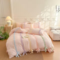 Colorful Striped Ruffled Bedding with Cute Bow,Chic Ruffle Romantic Queen Duvet, Coquette Aesthetic Style 3 piece Duvet Cover Set-1Queen Duvet Cover with 2 Pillowcases, No Comforter