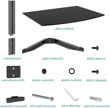 WALI 3 Tier Glass Floating TV Wall Shelf for Projector, DVD Players