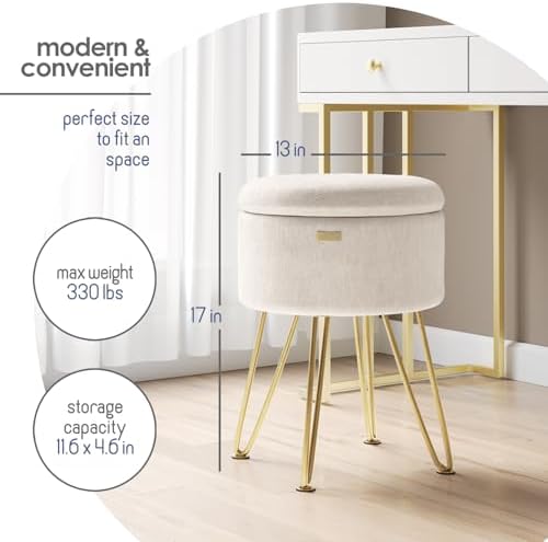 Round Ottoman with Storage, Textured Velvet Storage Ottoman, Foot Stool Ottomans, Makeup Vanity Stool, Small Ottomans Foot Rest, Modern Vanity Stools for Living Room and Bedroom, Cream