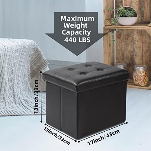 ALASDO Storage Ottoman Footrest Stool Small Ottoman with Storage Foldable Ottoman Leather Foot Rest Footstool Bench for Living Room 17x13x13inches Black