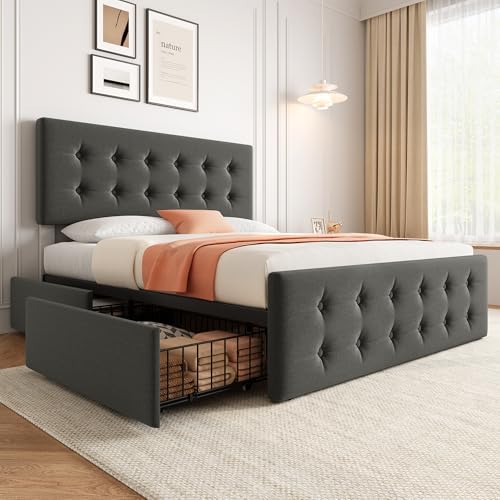 IDEALHOUSE Full Bed Frame with 4 Storage Drawers and Headboard, Light Grey