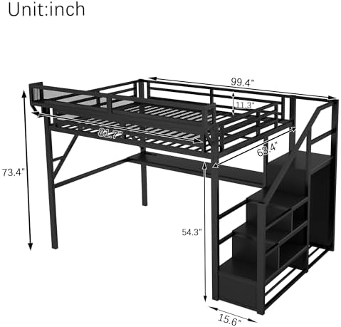 Queen Size Metal Loft Bed Frame with Desk, Staircase, Black