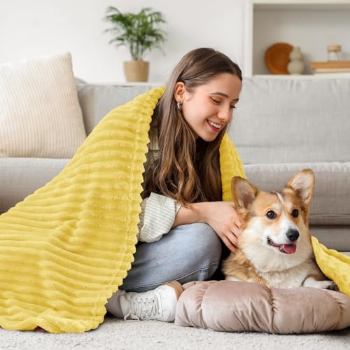 BEDELITE 3D Ribbed Light Yellow Fleece Twin Blanket for Couch, 60x80 Inch