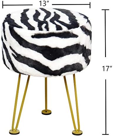 Zebra-Print Round Faux Fur Ottoman Soft Fuzzy Entryway Bench Seat, 13"x13"x17" Sturdy Accent Coffee Table for Living Room Makeup Vanity Stool with Golden Legs for Bedroom Closet Foot Rest