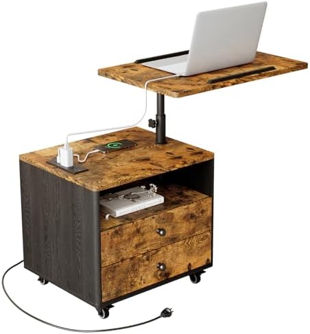 Bedroom Nightstand with Drawers & Charging Station, Adjustable Height Bedside Table with Wheels, Wooden Small Sofa Side Tables with Storage for Living Room, Rustic Brown
