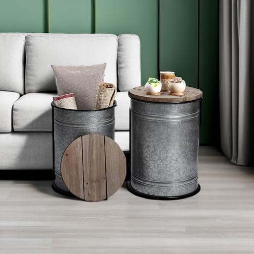RUSTOWN Farmhouse Accent Side Table, Set of 2 Galvanized Storage Ottoman