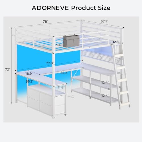 ADORNEVE Gaming Loft Bed Full Size with U-Shaped Desk & RGB Cabinet, White