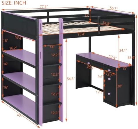 LUMISOL Full Gaming Loft Bed with Desk and Storage Shelves, Solid Wood Loft Bed with Drawers and Computer Desk for Teens, Space Saving High Loft Bed Frame for Kids Bedroom Purple