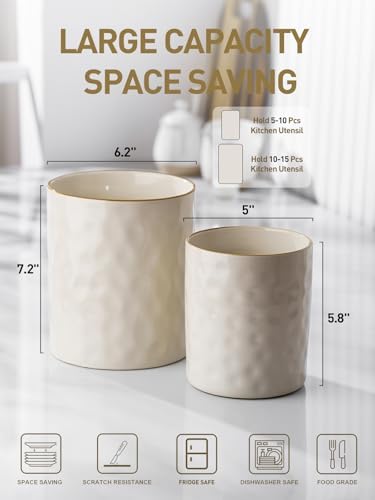 famiware Ceramic Utensil Holder, 7.2"+5.8", Set of 2, Vanilla White