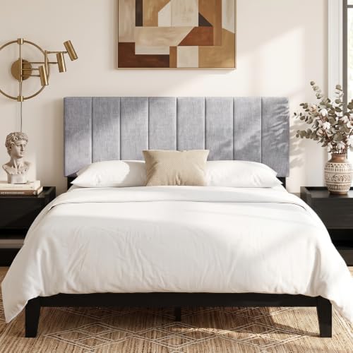 GIANTEX Linen Upholstered Headboard, Adjustable Width Button Tufted Headboard Only with Solid Wood Legs, Attach Frame, Modern Headboards for Queen Full Size Bed, Gray