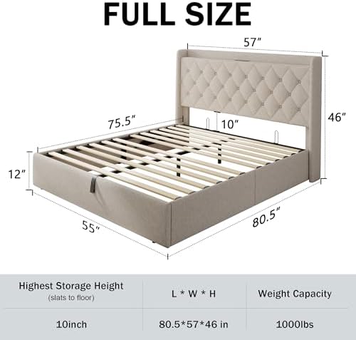GalnFu Full Size Bed Frame with Storage, Upholstered Full Lift up Storage Bed Frame with Charging Station, Button Tufted Headboard, No Box Spring Needed, Easy Assembly, Noise Free, Beige
