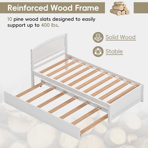 Twin Trundle Bed, Solid Wooden Pull Out Bedframe, Extendable Day Bed with Headboard and Soild Wood Slats Support, Bedroom, Living Room, Guest Room, No Box Spring Needed (White)