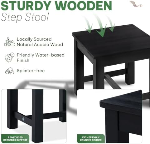 12" Wooden Step Stool, Small Wood Stool for Bathroom, Kitchen - Black
