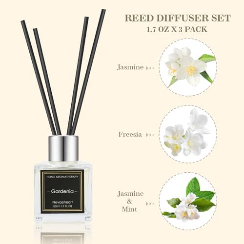 Reed Diffuser Set, Gardenia/Freesia/Jasmine & Mint Reed Diffuser Gifts for Women,1.7OZ x 3Packs Reed Diffuser with Sticks, Home Fragrance Reed Diffuser for Home Shelf Decor