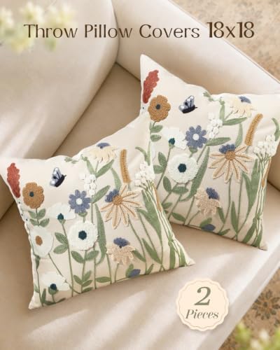 Embroidered Throw Pillow Covers 18x18, Set of 2, Cottage Flower