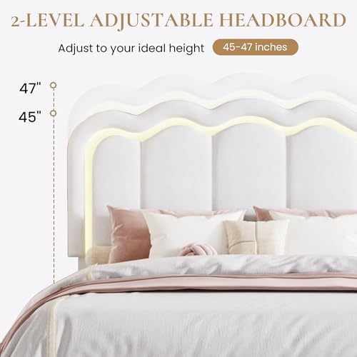 SHA CERLIN Full Size Bed Frame with LED Lights and Storage Drawer, White