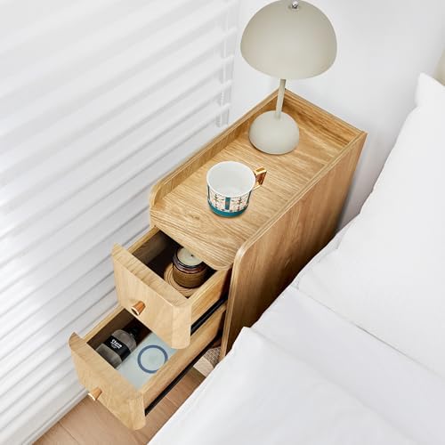 Narrow Nightstand Set of 2, Wooden Small 2 Drawer Nightstand, Slim Side End Table, Skinny Bedside Table, Mid Century Modern Night Stand with Drawers for Bedroom (Natural 2-2 pcs)
