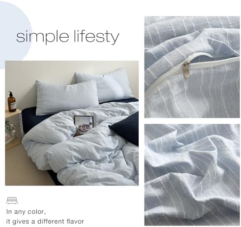 Vintage Blue Striped Duvrt Cover Full Size 3 Pieces Textured Bedding Set