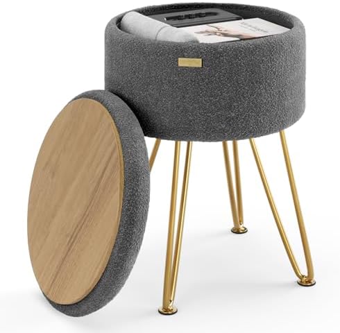 Round Ottoman with Storage, Boucle Storage Ottoman, Foot Stool Ottomans, Makeup Vanity Stool, Small Ottomans Foot Rest, Modern Vanity Stools for Living Room and Bedroom, Grey