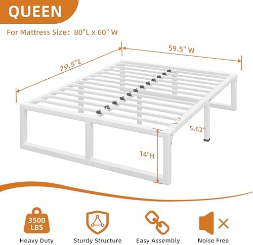 14 Inch Metal Queen Bed Frame with Steel Support, Noise-Free