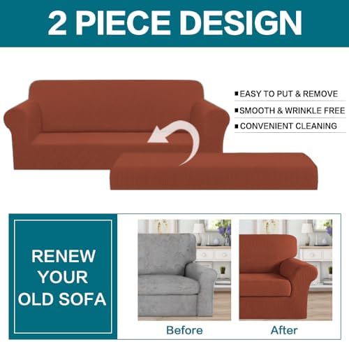 Turquoize Stretch Sofa Slipcover 2 Pieces Sofa Cover Couch Cover for 3 Cushion Couch Washable Furniture Protector Covers with Elastic Bottom Feature Thick Jacquard Fabric (Sofa, Rust)