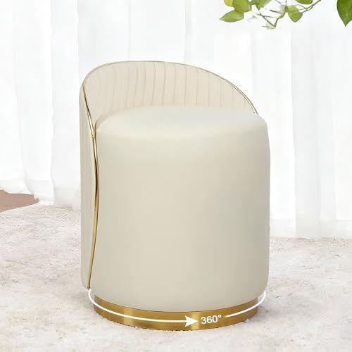 Vanity Chair with Back, Leather Vanity Stool - 360° Swivel Makeup Chair, No Assembly Upholstered Comfy Makeup Stool Ottoman for Bedroom, Dressing Room, Living Room, Beige