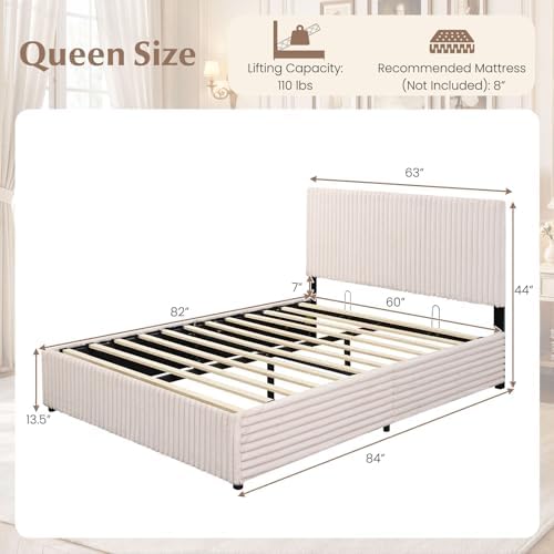GIANTEX Queen Size Lift Up Storage Bed, Modern Corduroy Upholstered Platform w/Wingback Headboard, Hydraulic Support, Queen Bed Frame with Storage, No Box Spring Needed (Beige)