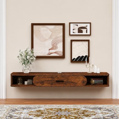 GHC Floating TV Stand, 65'' Wall Mounted TV Cabinet, Floating Shelves with Door, Media Console for DVD Player, Space-Saving Under TV Shelf for Bedroom & Living Room (Rustic Brown)
